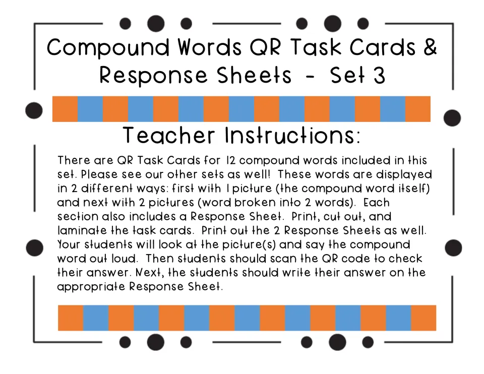 Teacher instructions: 12 compound words shown as one picture, then two, with cards to laminate and 2 response sheets