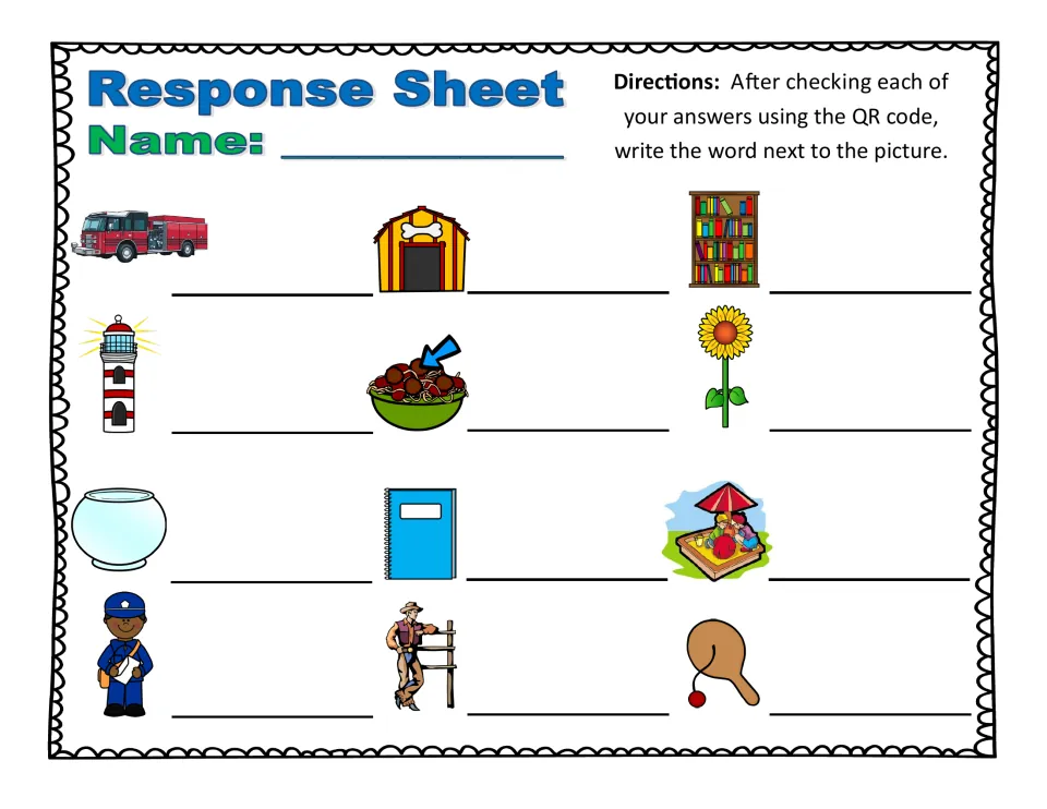 Response sheet: students write the compound word beside each of 12 pictures, from fire truck to paddle ball