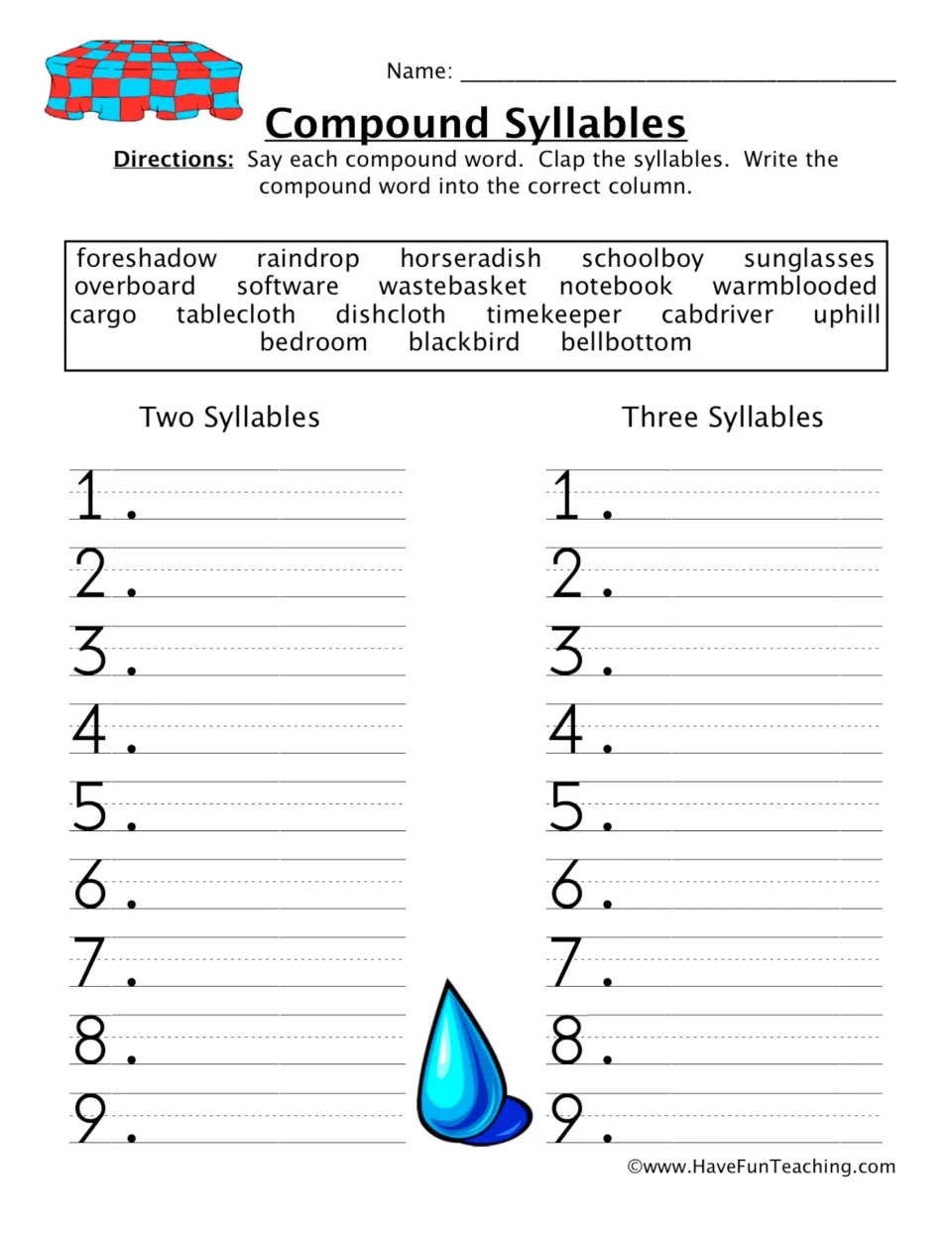 Compound word syllables: students say and clap 18 words, then write each under Two Syllables or Three Syllables