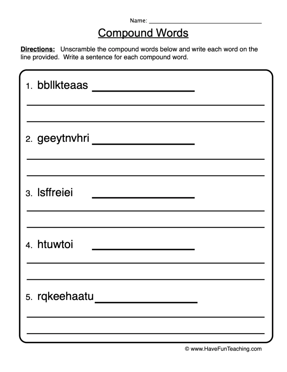 Compound words: students unscramble 5 jumbled words such as bbllkteaas, write each word, then use it in a sentence