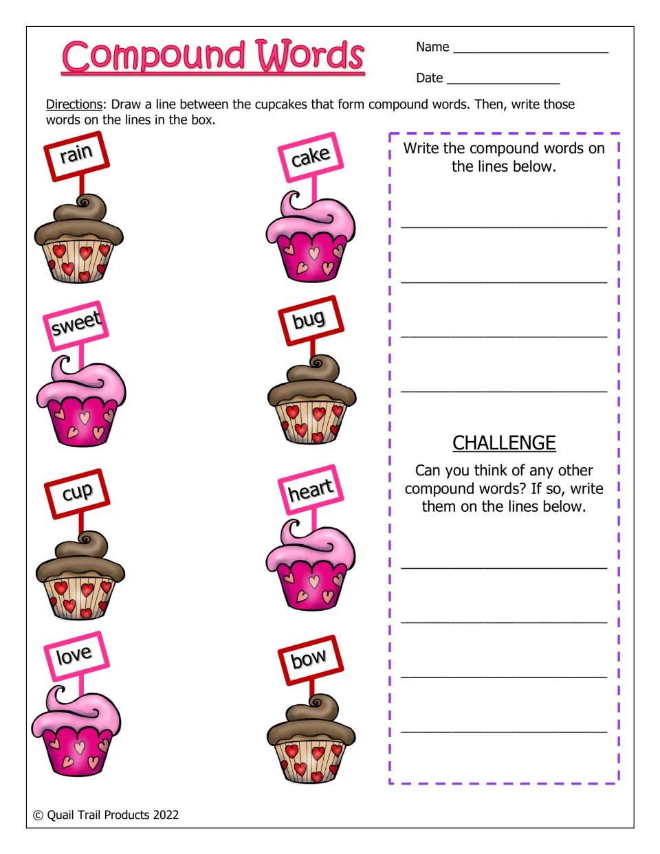 Compound words in color: students match cupcake word parts such as rain and bow, then write the 4 words they make