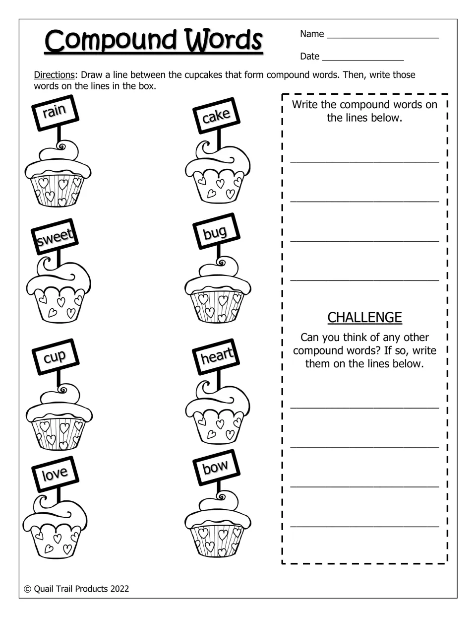 Black-and-white compound word match: join cupcake word parts, write the 4 new words, then list more in a challenge