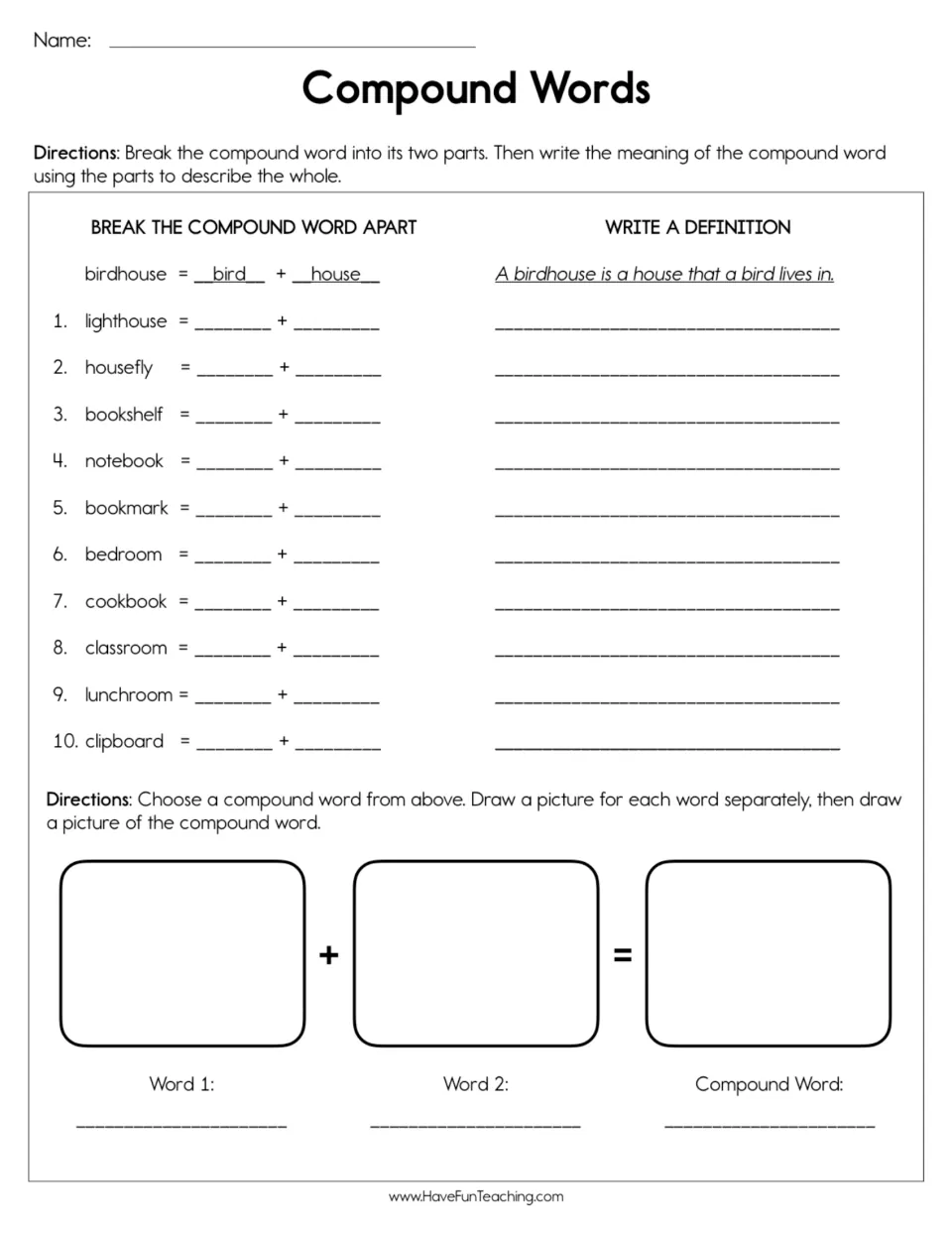 Compound words: students split 10 words like lighthouse and bookshelf into two parts, define each, then draw one