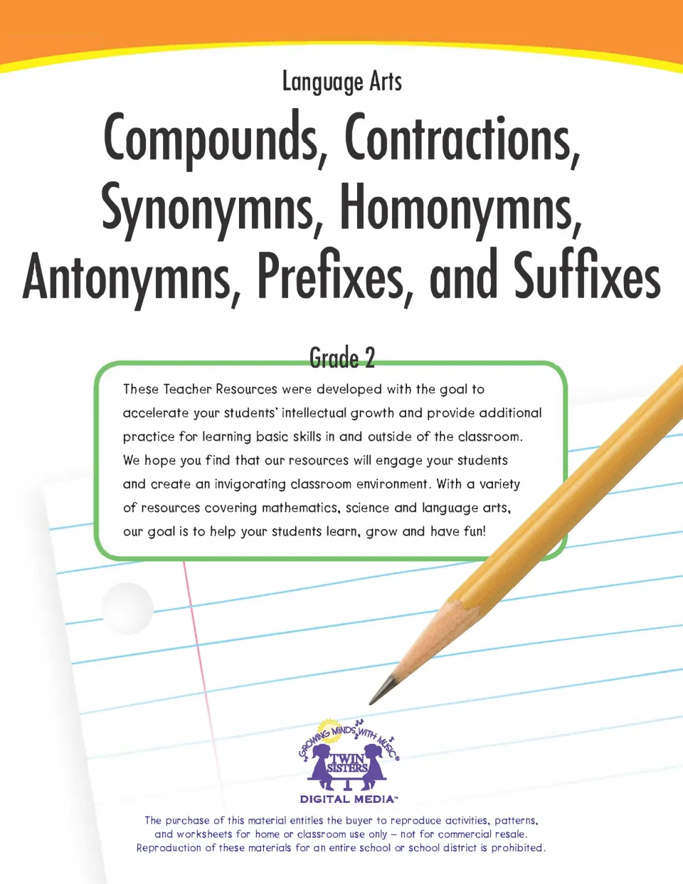 Grade 2 workbook cover naming compounds, contractions, synonyms, homonyms, antonyms, prefixes, and suffixes