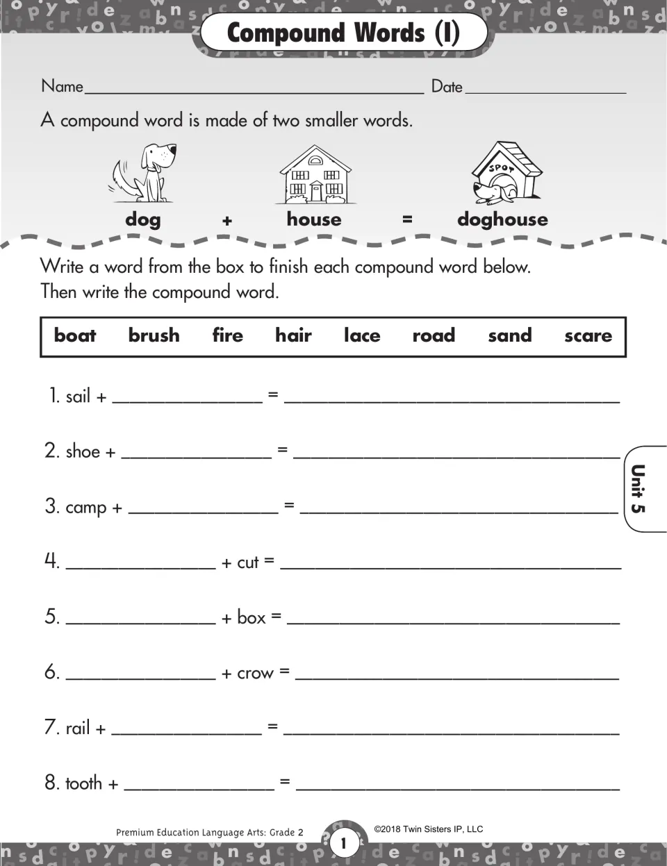 Compound Words (I) worksheet: dog + house models combining words before eight word-bank completion items