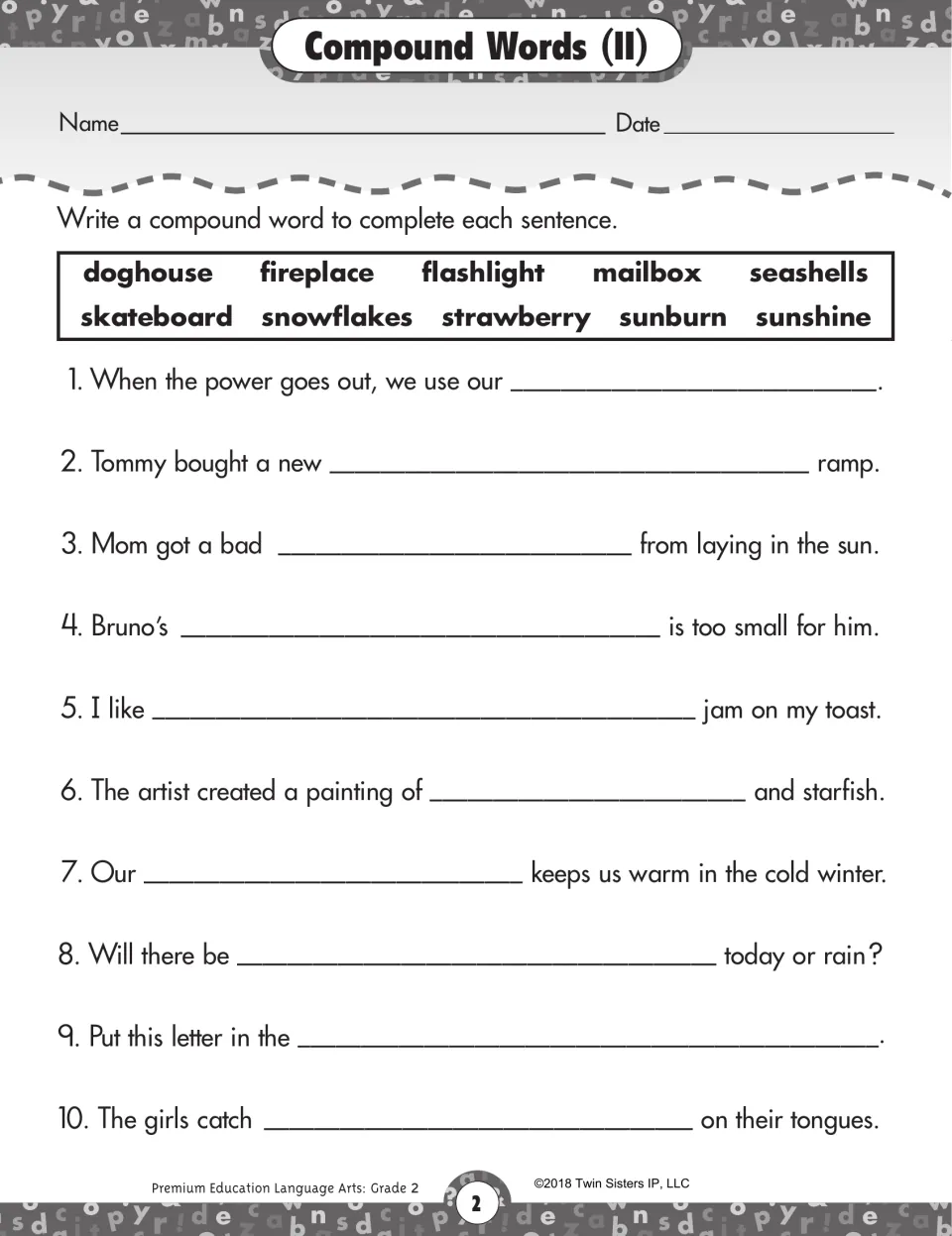 Compound Words (II) worksheet: complete 10 sentences using words such as flashlight, skateboard, and sunburn