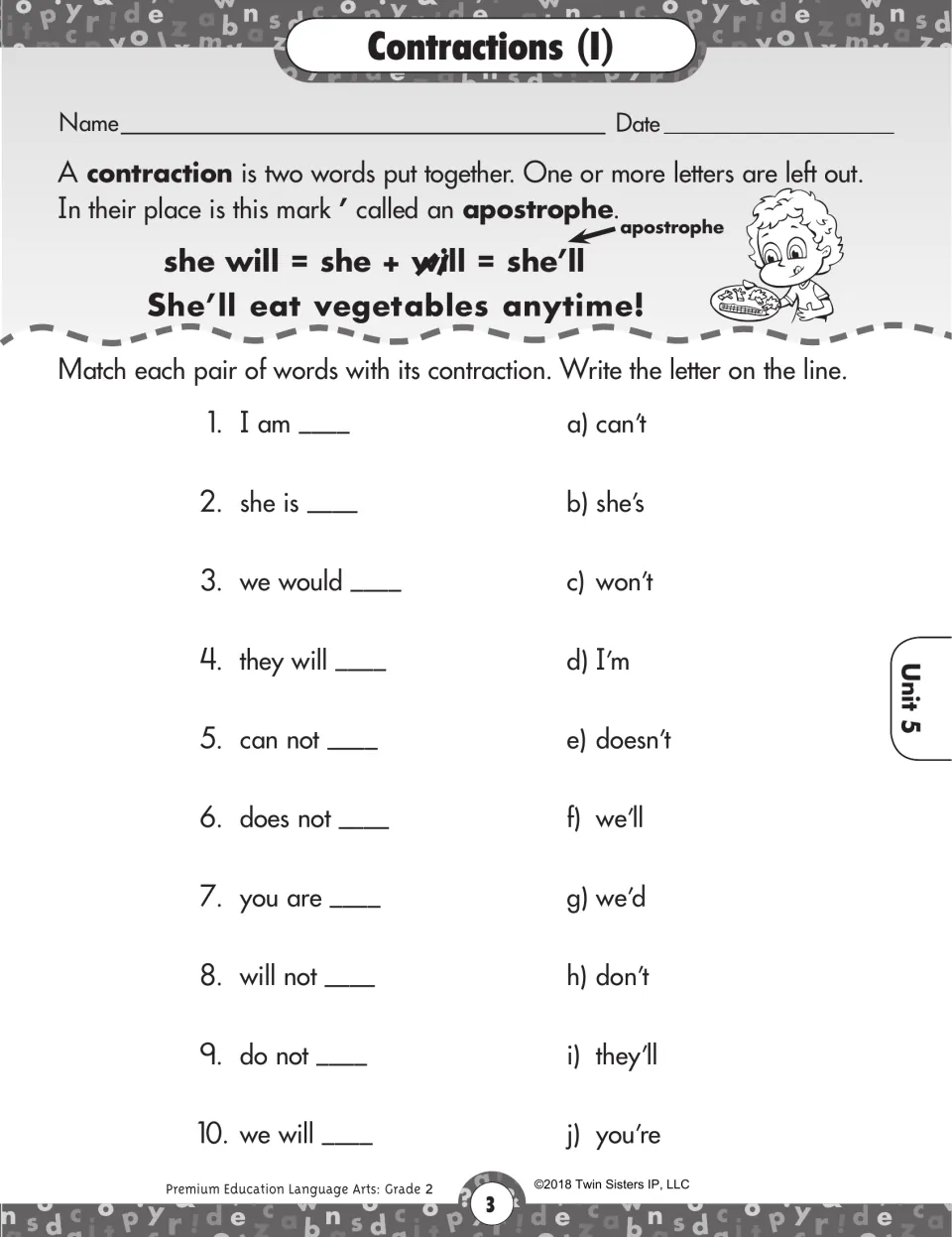 Contractions (I) worksheet: she will becomes she'll, followed by 10 matches between word pairs and contractions