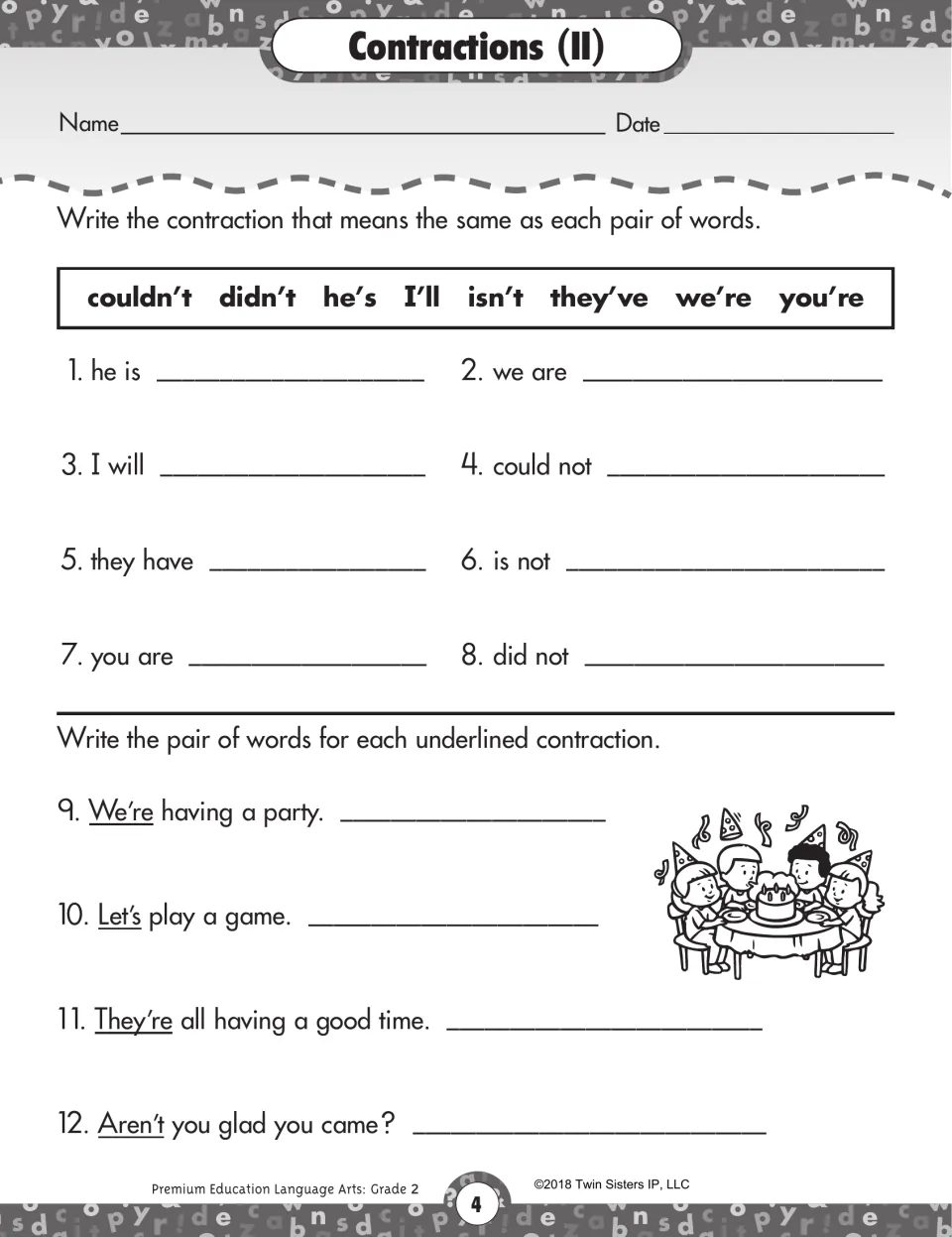 Contractions (II) worksheet: write eight contractions, then expand We're, Let's, They're, and Aren't