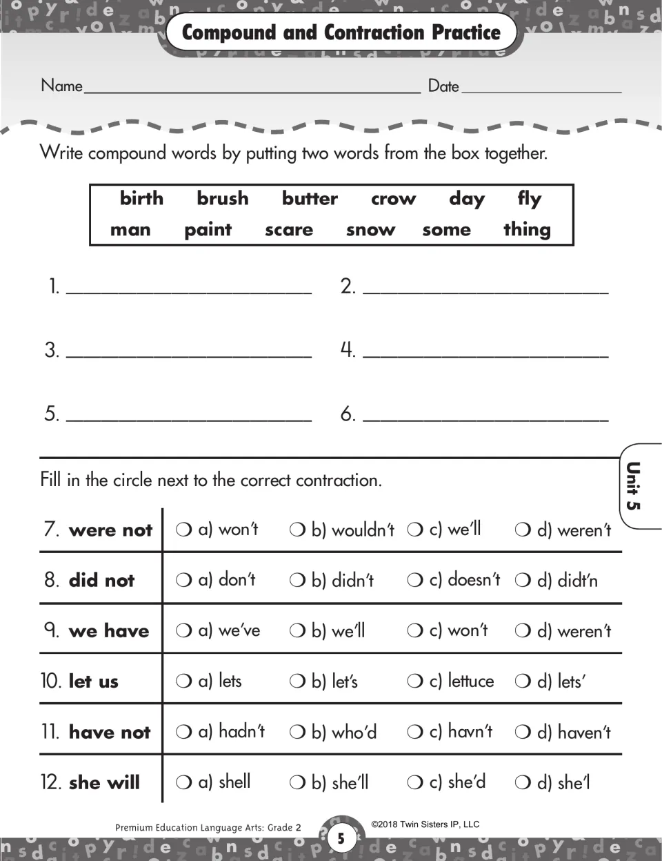 Compound and Contraction Practice worksheet: form six compound words and choose six correct contractions