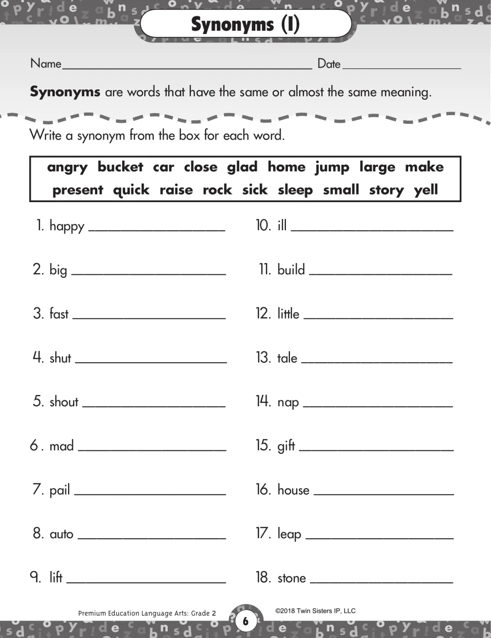 Synonyms (I) worksheet: use a word bank to write synonyms for 18 words, including happy, big, fast, and shut