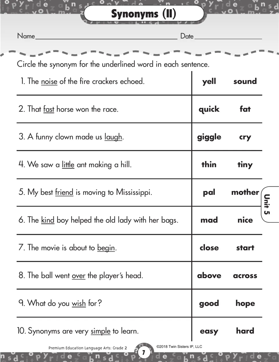 Synonyms (II) worksheet: circle synonyms for underlined words in 10 sentences, including noise and fast