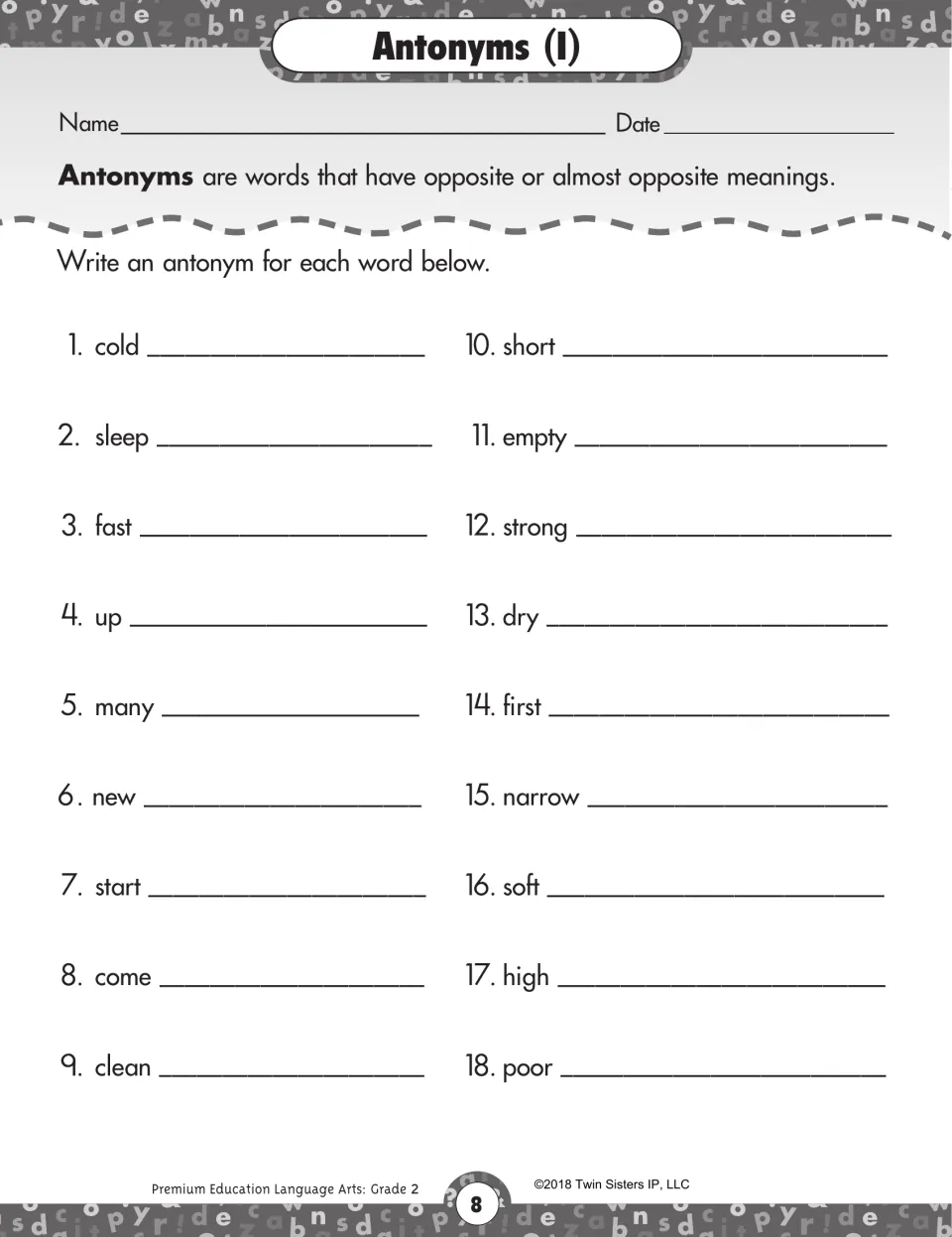 Antonyms (I) worksheet: defines opposite meanings and asks for antonyms of 18 words, including cold and sleep