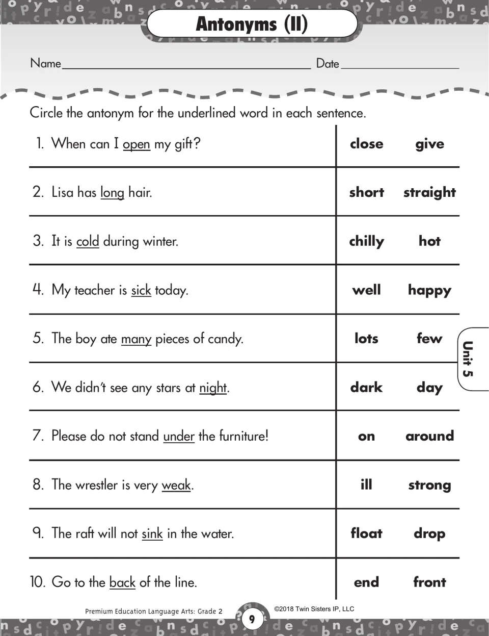 Antonyms (II) worksheet: circle antonyms for underlined words in 10 sentences, including open, long, and cold