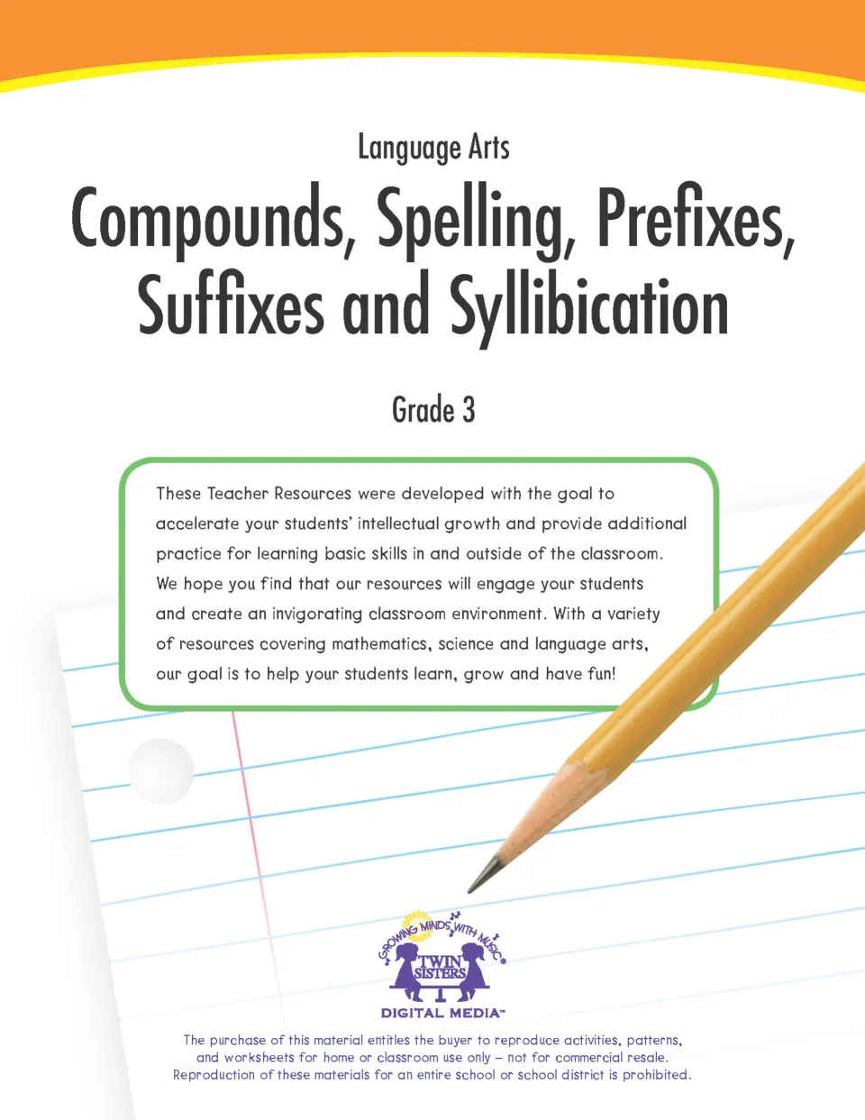 Cover: Compounds, Spelling, Prefixes, Suffixes and Syllabication, Grade 3 language arts, with a pencil on lined paper