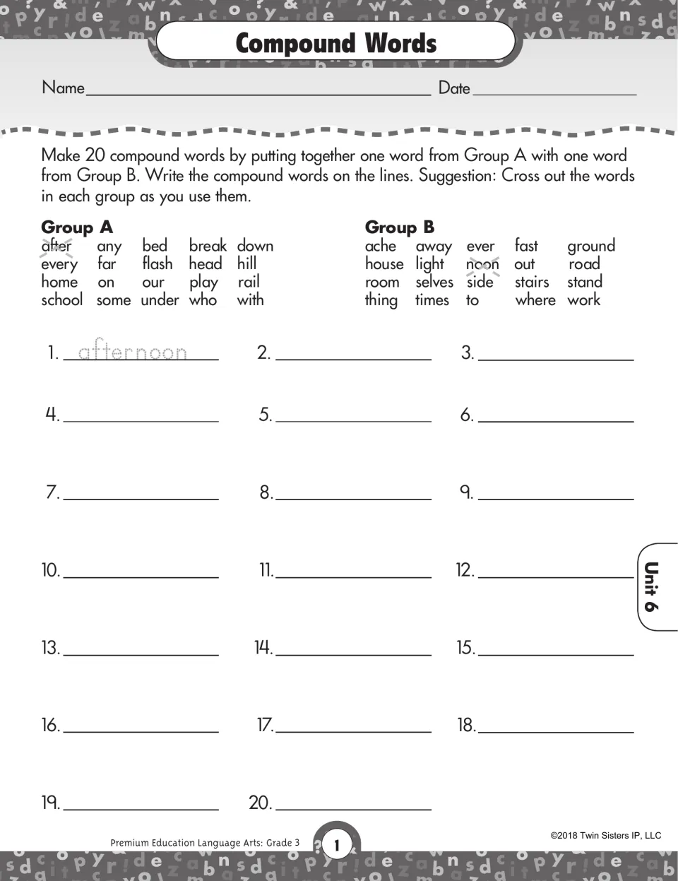 Compound words: students join a Group A word like after with a Group B word like noon to write 20 compounds