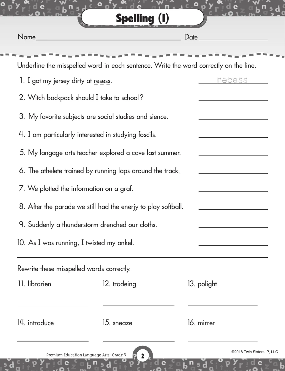Spelling (I): students underline the misspelled word in 10 sentences, such as resess, and rewrite 6 words like librarien
