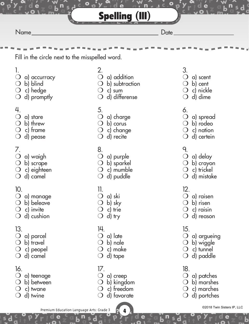 Spelling (III): students mark the misspelled choice in 18 sets of four words, including accurracy, nickle and beleave