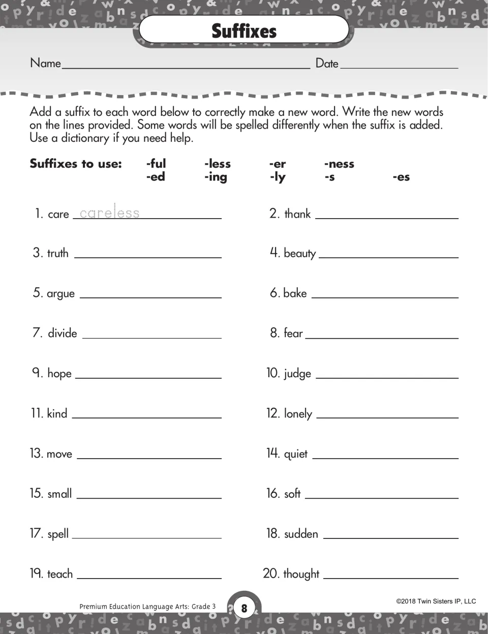 Suffixes: students attach endings like -ful, -less, -ness or -ly to 20 base words, noting spelling changes, e.g. careless