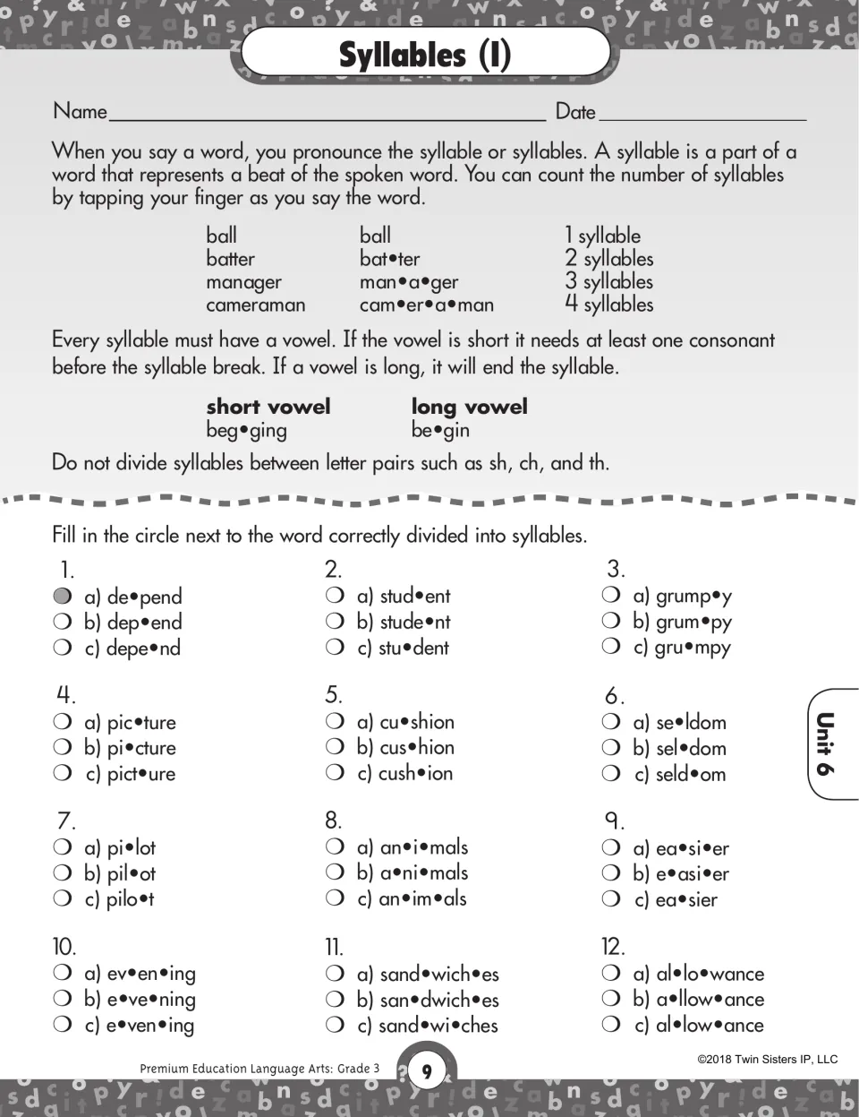 Syllables (I): rules for dividing words by vowel sound, then 12 items where students pick the correct split, like stu-dent