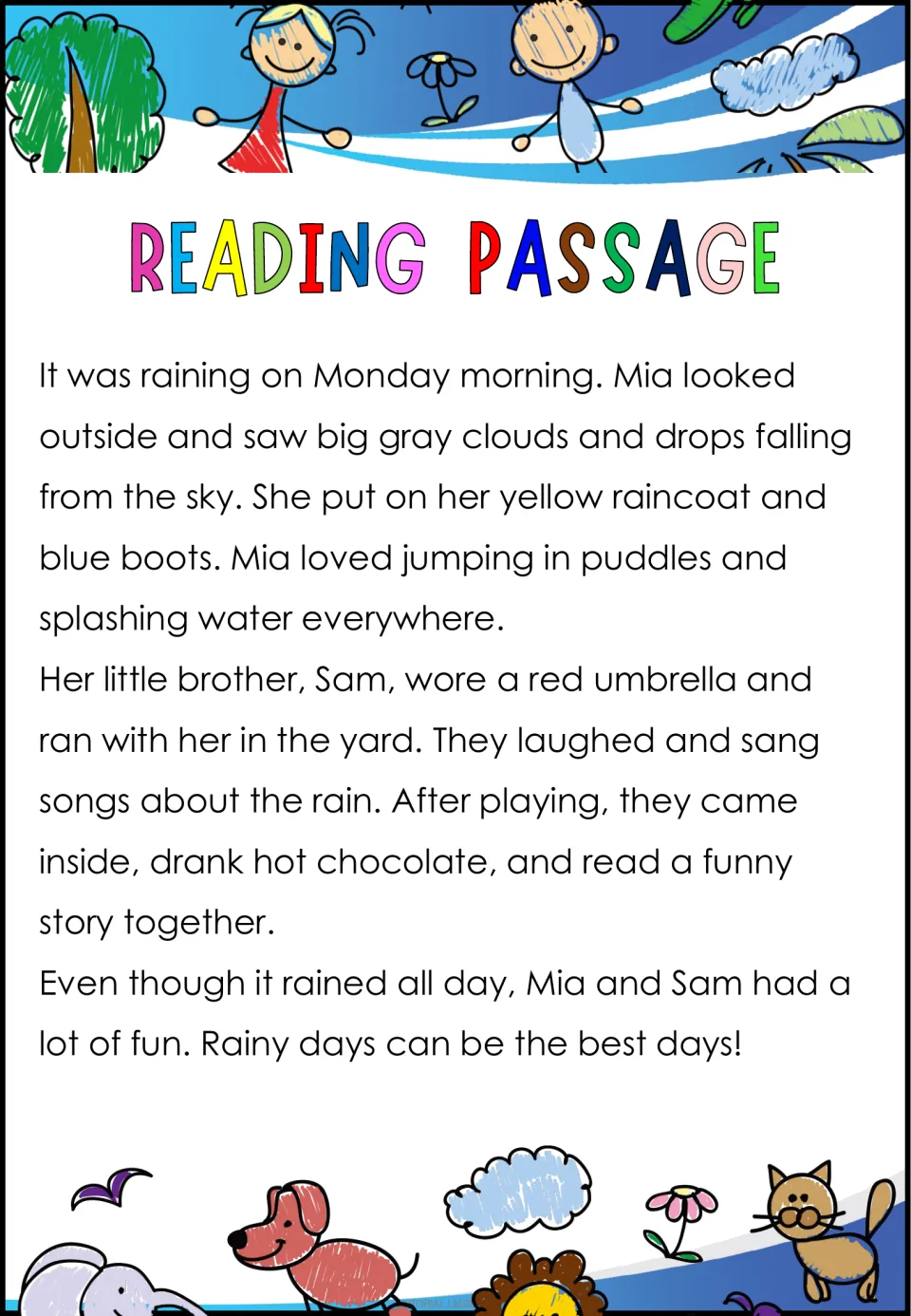 Reading passage follows Mia and Sam playing outside in the rain, then enjoying hot chocolate and a story