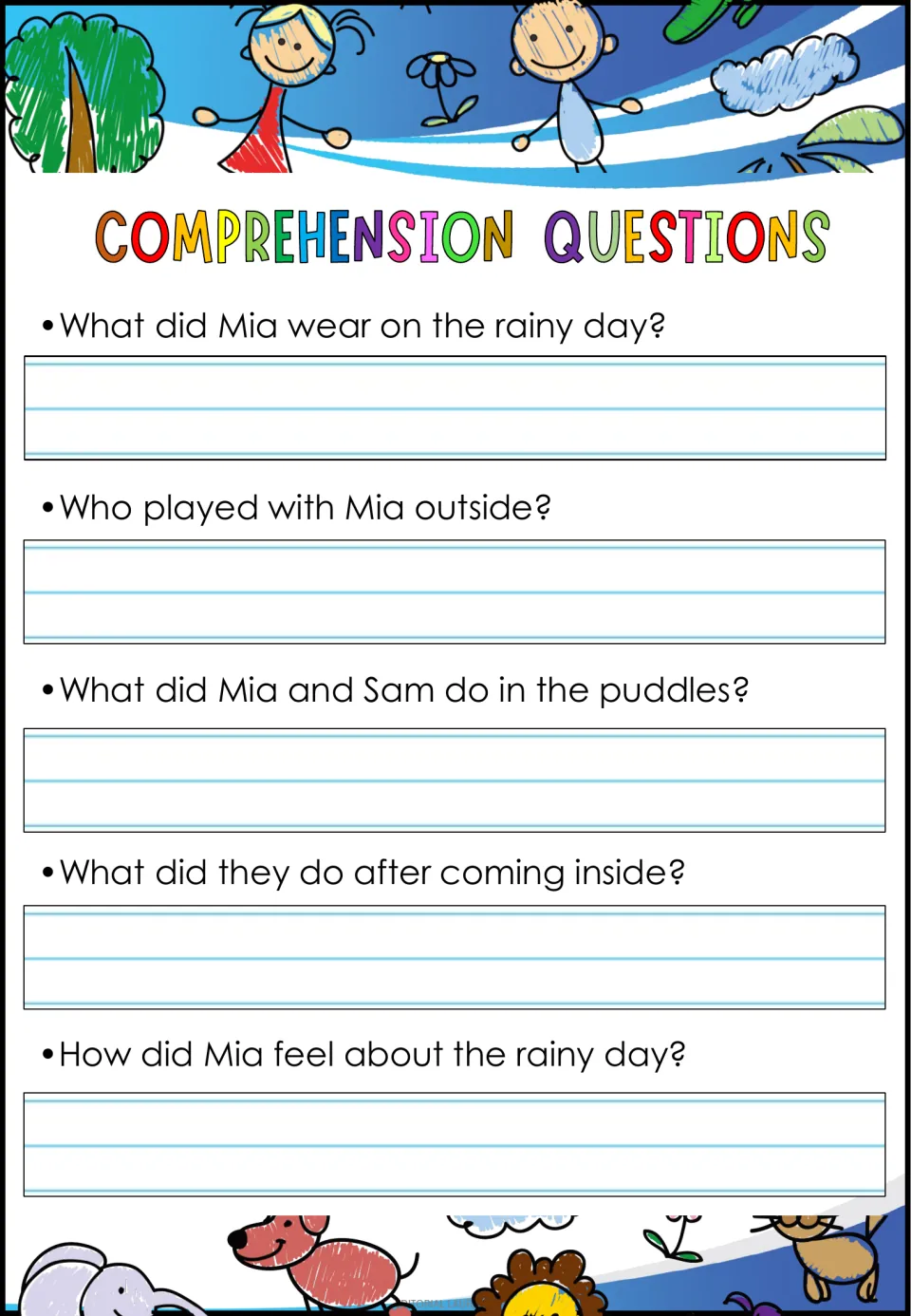 Five comprehension questions ask about Mia's clothing, playmate, puddle play, indoor activities, and feelings
