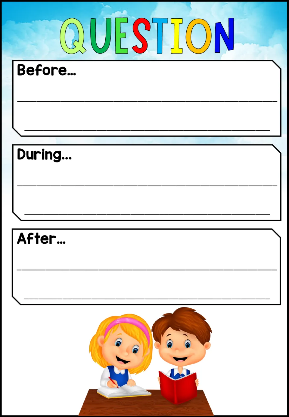Questioning activity in the reading packet provides 'Before...,' 'During...,' and 'After...' response prompts