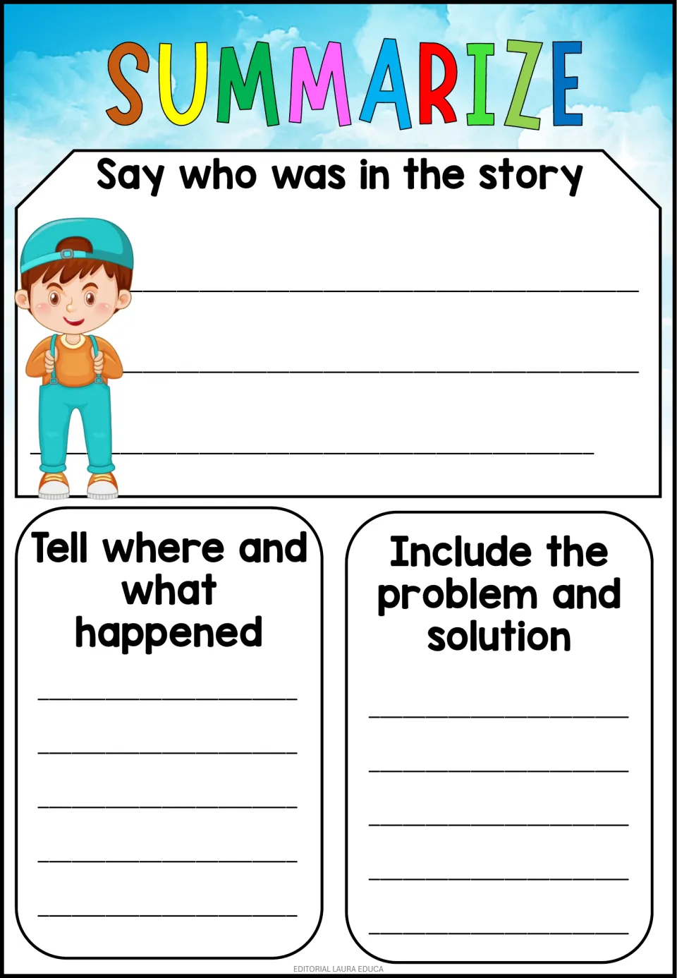 Summary activity asks who was in the story, where and what happened, and what the problem and solution were