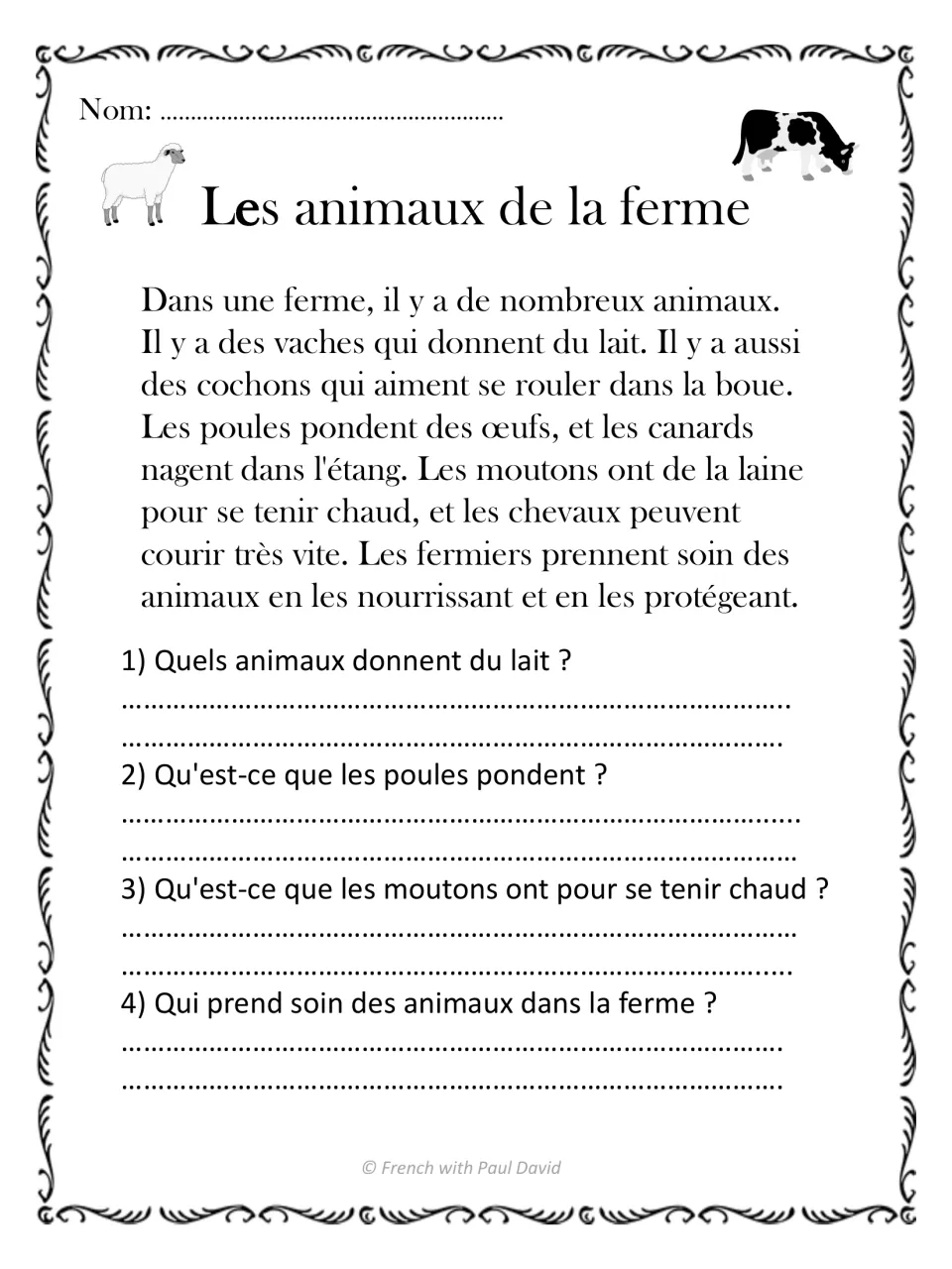 Les animaux de la ferme: students read about cows, hens, sheep and farmers, then answer 4 questions in French