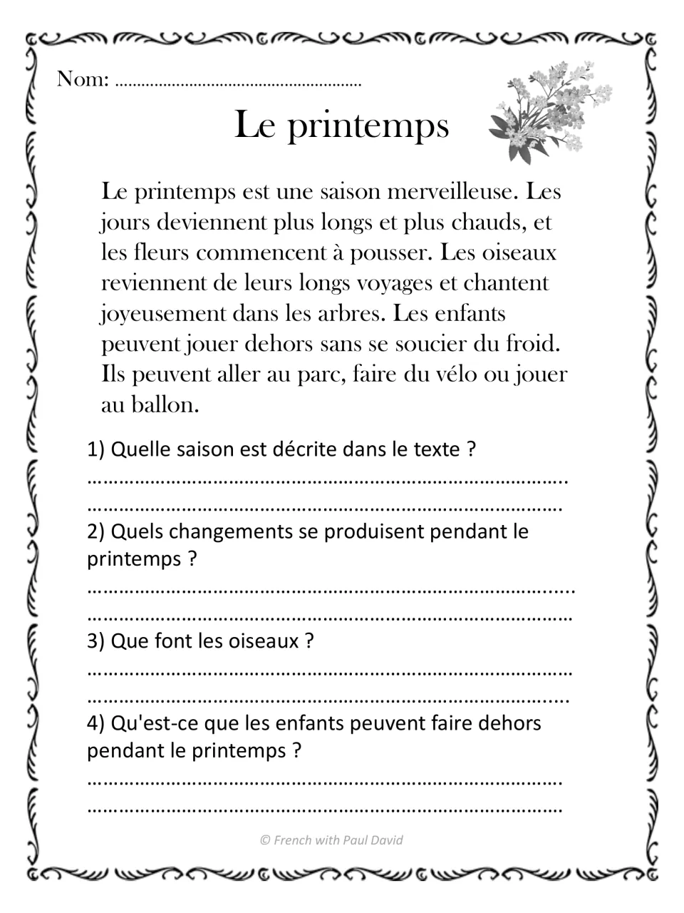Le printemps: students read a short French text on spring changes and answer 4 questions about birds and children