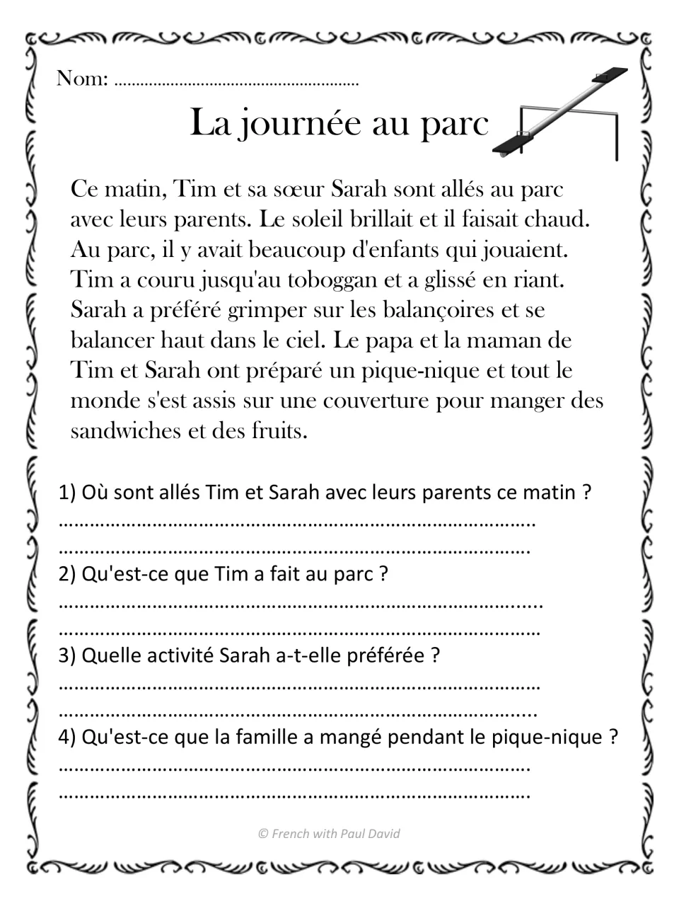 La journée au parc: students read about Tim and Sarah's park day and picnic, then answer 4 French questions