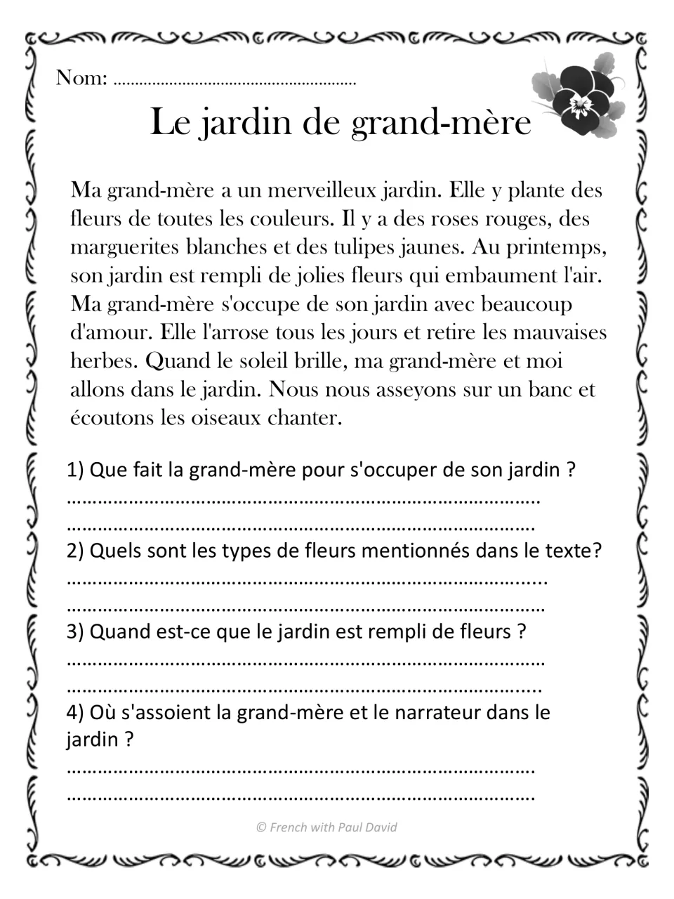 Le jardin de grand-mère: students read about roses, daisies and tulips in a garden and answer 4 French questions