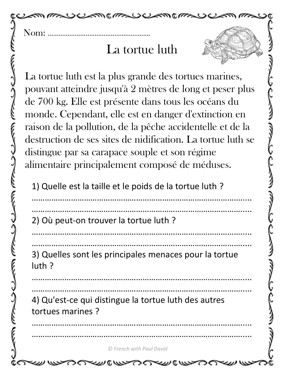 Leatherback sea turtle reading: pupils answer questions on its size, weight, ocean range, threats and soft shell