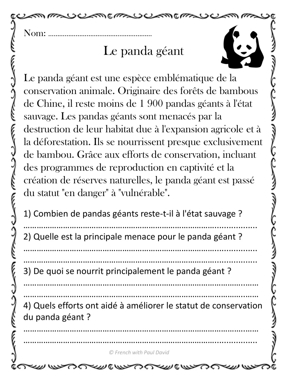 Giant panda text in French: students recall wild population, habitat loss, bamboo diet and what improved its status