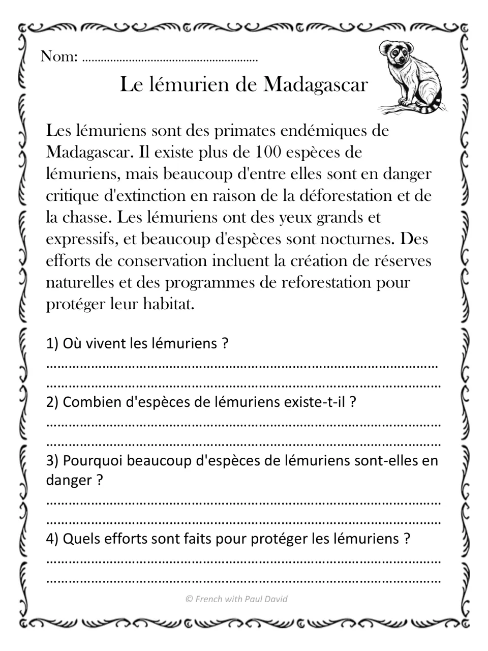Madagascar lemur passage: students answer 4 questions on their island home, species count, dangers and conservation