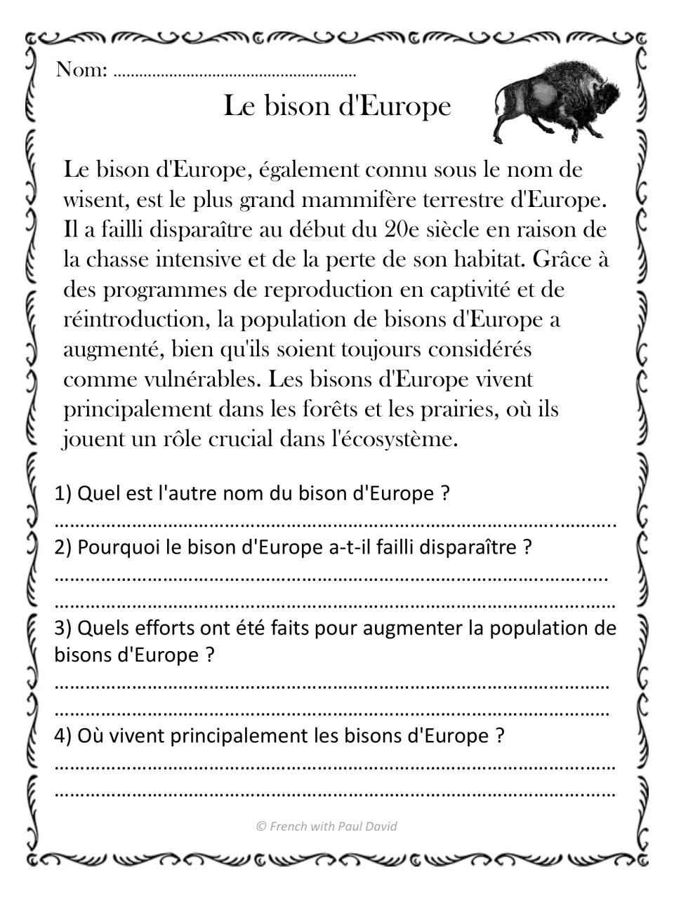 European bison (wisent) reading: learners explain its near extinction, recovery programs, forest-grassland habitat