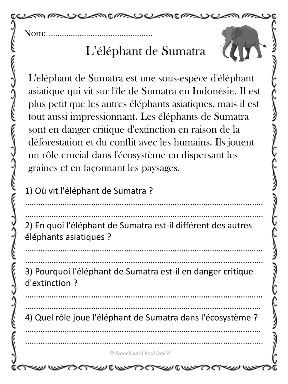 Sumatran elephant text in French: students answer questions on its island, smaller size, threats and seed-dispersal role