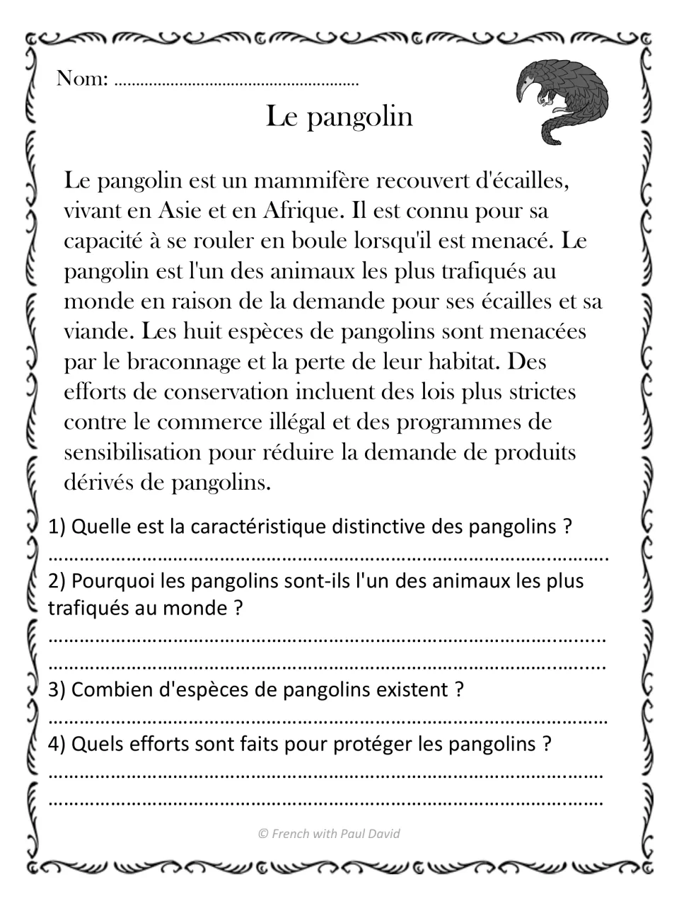 Pangolin reading passage: pupils answer 4 questions on its distinctive trait, trafficking, number of species and protection