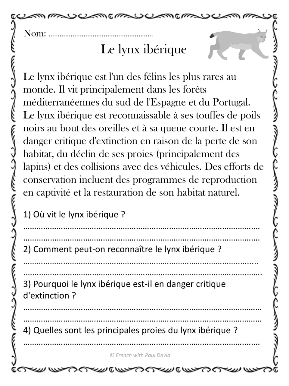 Iberian lynx text in French: students answer questions on where it lives, ear tufts, threats and rabbit prey