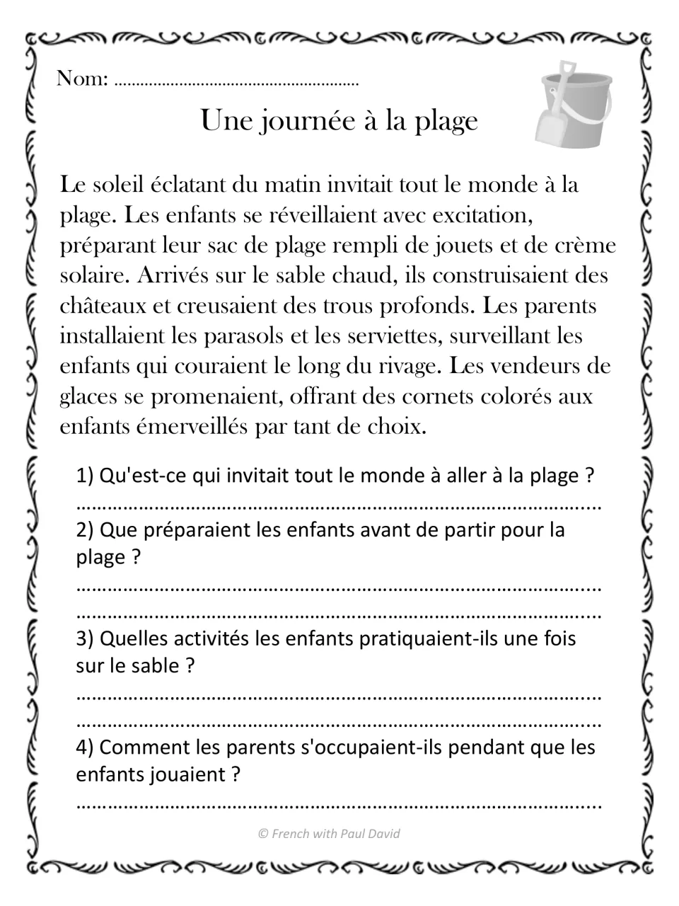 Une journée à la plage: a French beach-day story with 4 recall prompts on sandcastles, sunscreen and what parents did
