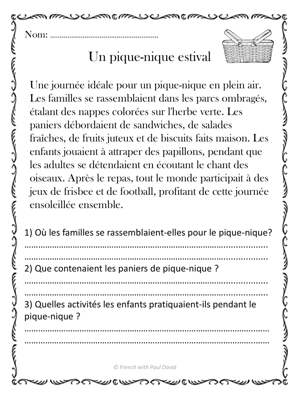 Un pique-nique estival: students read about a family picnic in a shady park, then write 3 short answers on food and games
