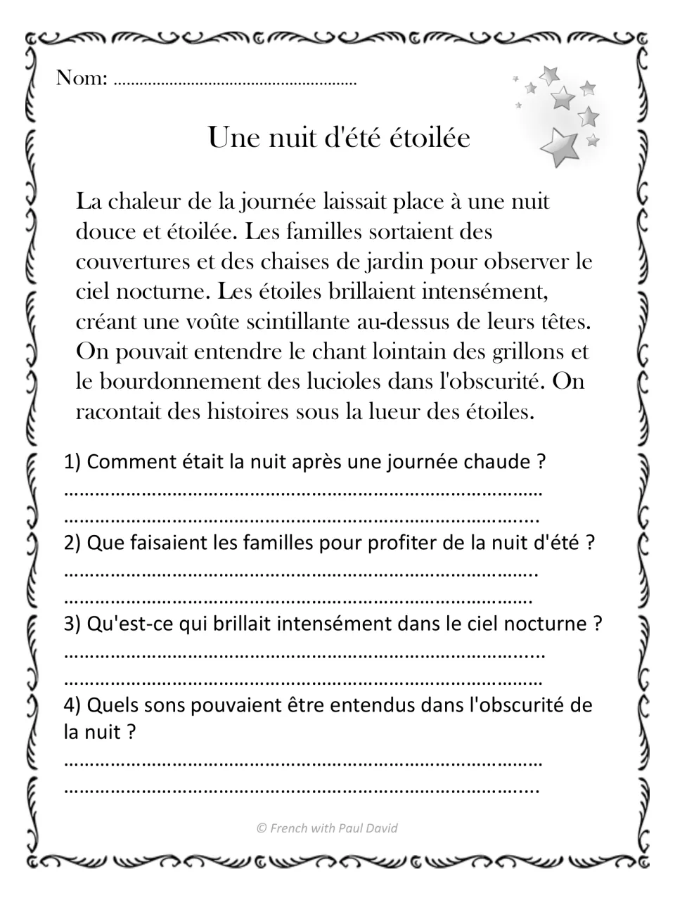 Une nuit d'été étoilée: a short text on stargazing families, crickets and fireflies, followed by 4 written responses