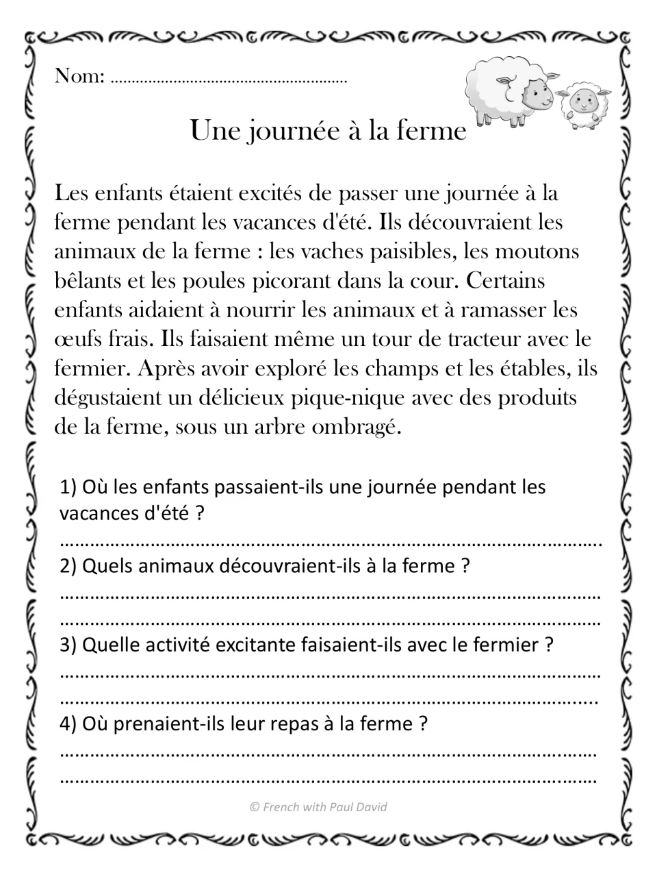 Une journée à la ferme: a farm-visit passage on cows, sheep, hens and a tractor ride with 4 comprehension questions
