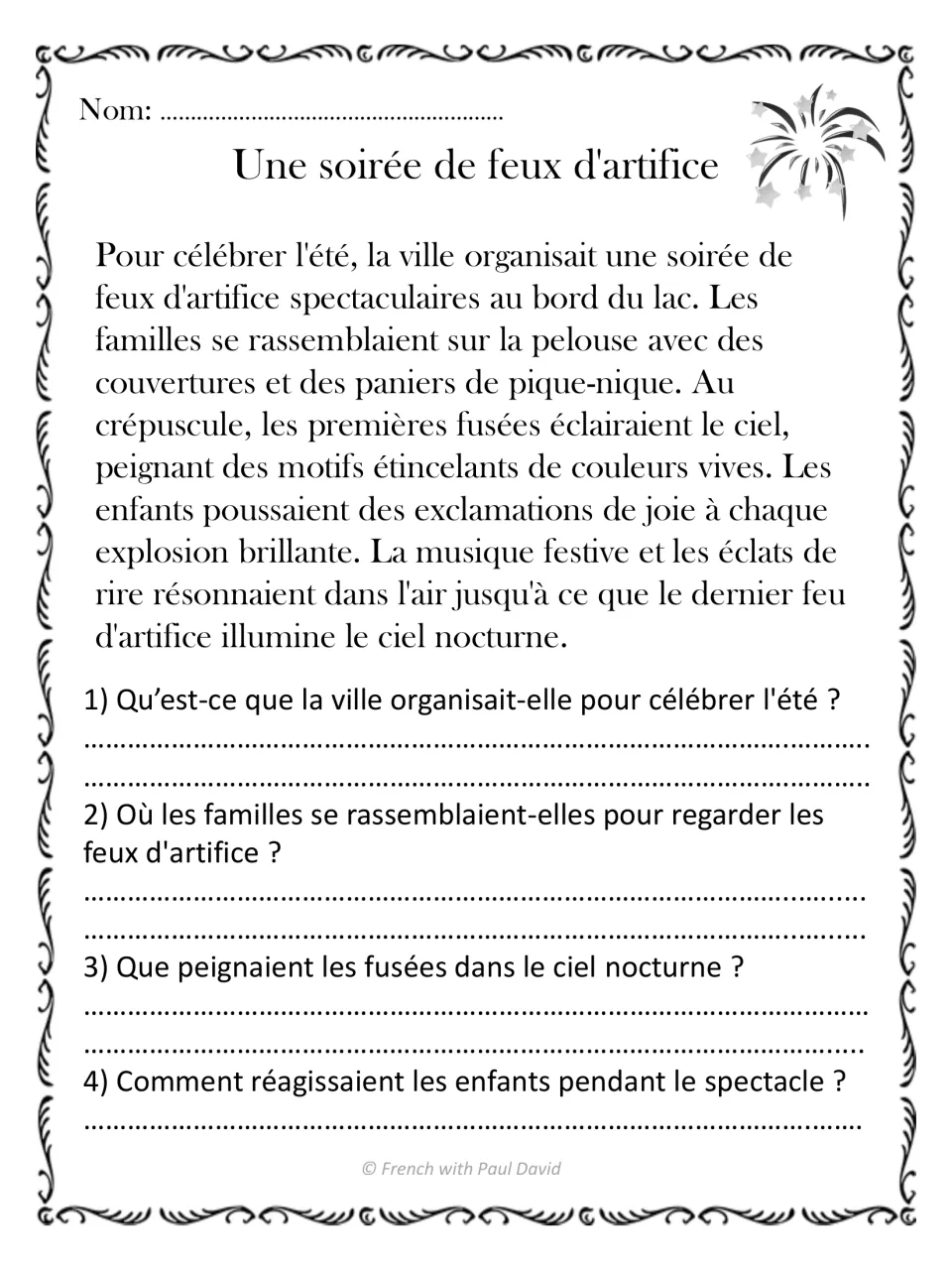 Une soirée de feux d'artifice: a lakeside fireworks story; students recall where families sat and how children reacted