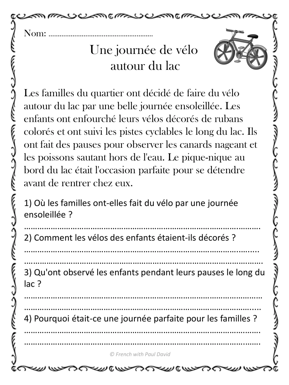 Une journée de vélo autour du lac: families cycle past ducks and fish; 4 items on the route, bike ribbons and rest stops