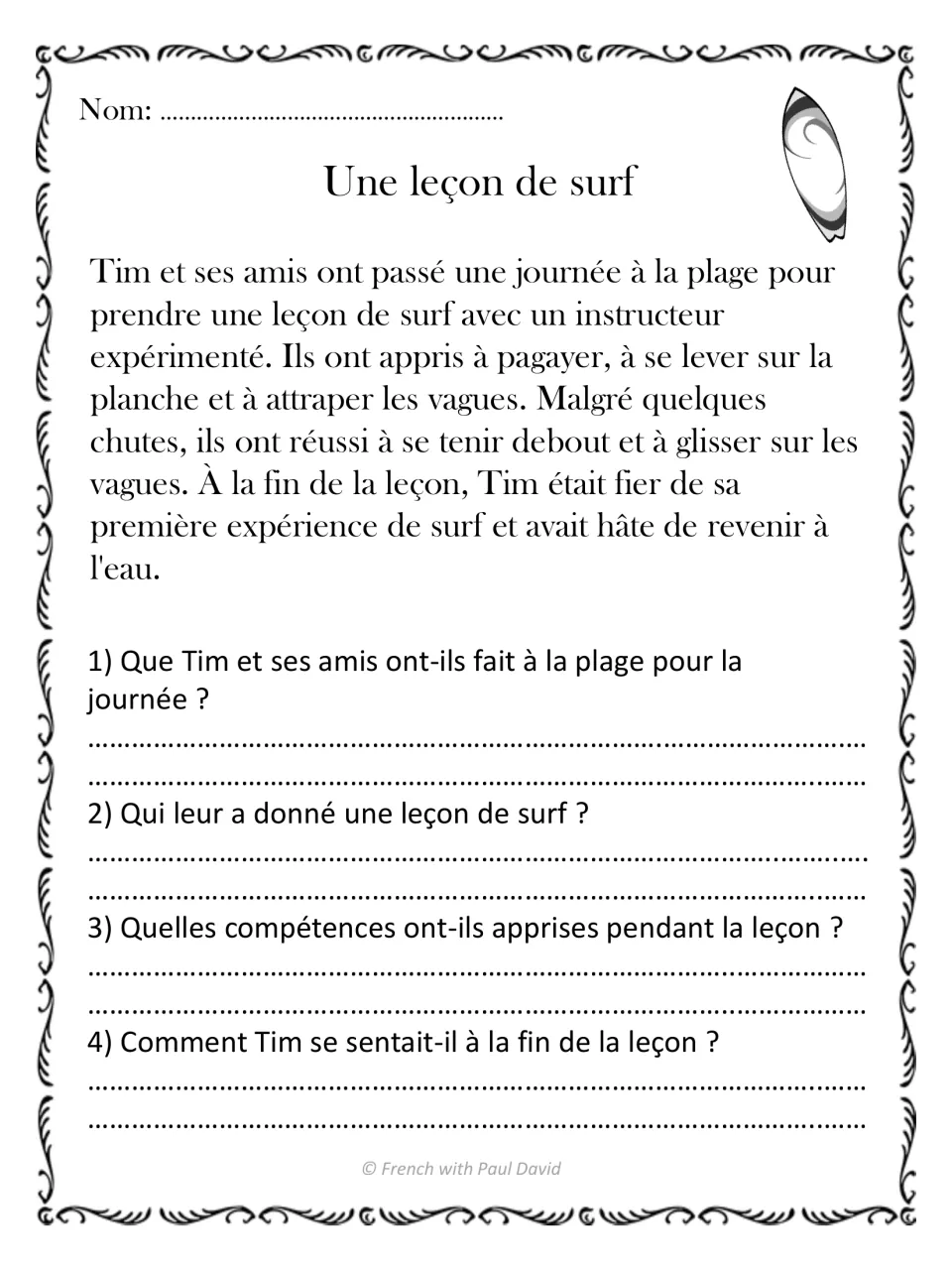 Une leçon de surf: Tim's first surf lesson with an instructor; students answer 4 items on skills learned and how he felt