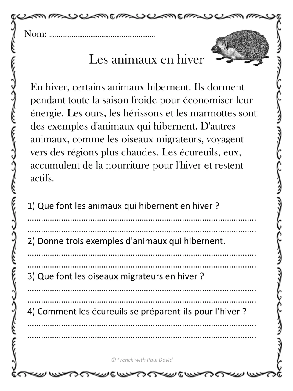 French reading passage about hibernation, bird migration, and squirrels storing food, with four questions