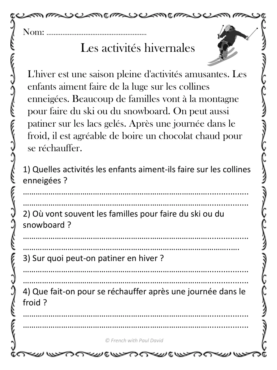 French reading passage about sledding, skiing, snowboarding, skating, and hot chocolate, with four questions