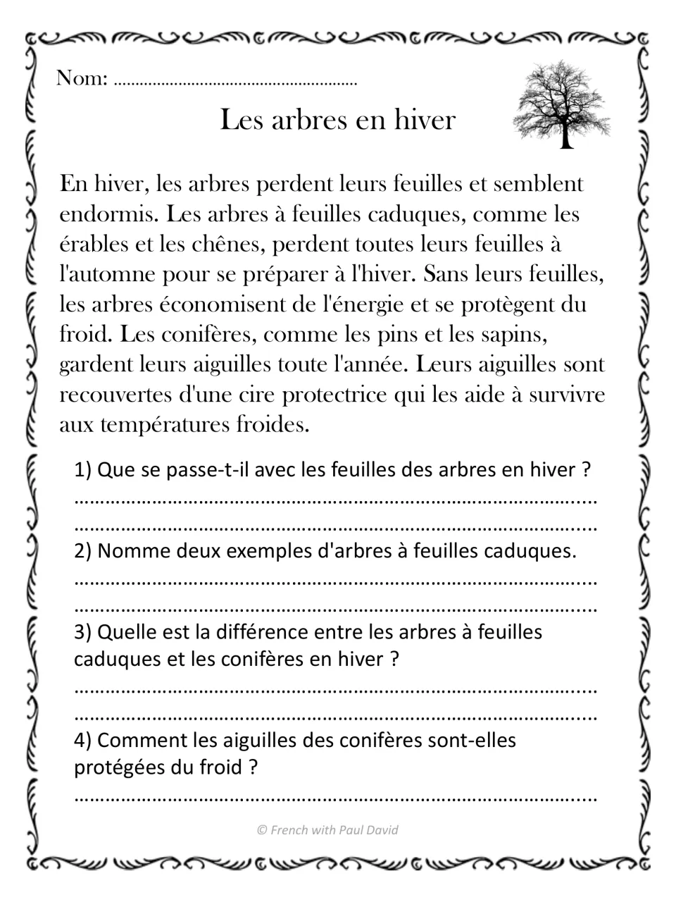 French reading passage comparing deciduous trees and conifers in winter, with four comprehension questions