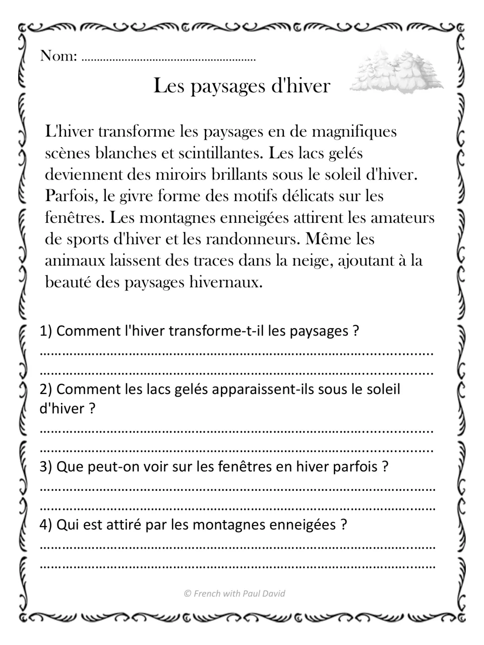 French reading passage about frozen lakes, window frost, and snowy mountain landscapes, with four questions