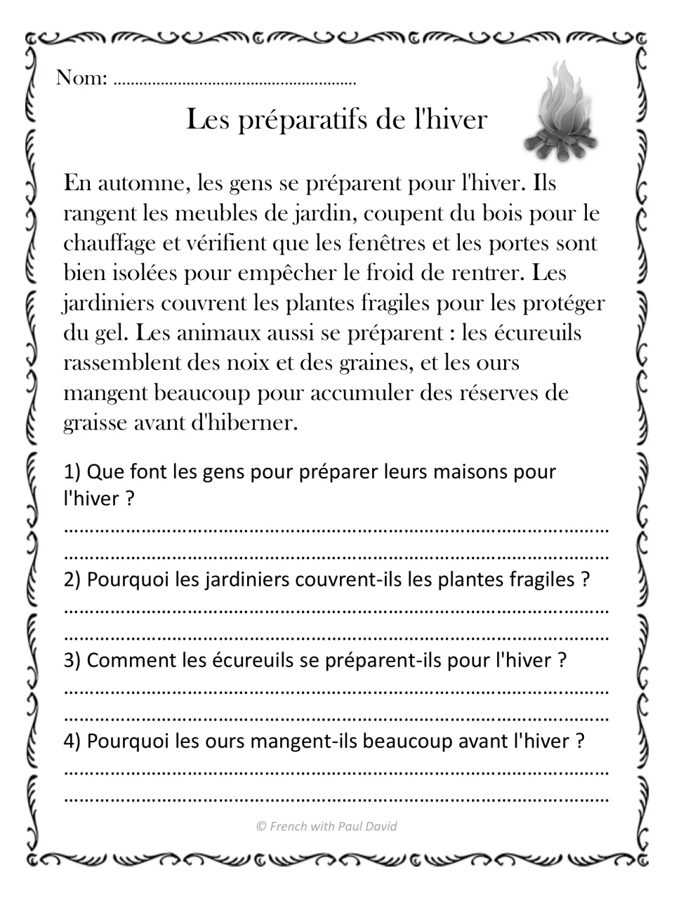 French reading passage about how people, gardeners, squirrels, and bears prepare for winter, with four questions